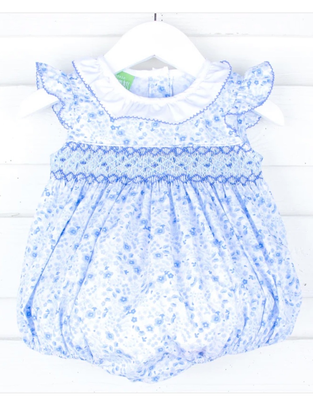Classic whimsy blue Floral Smocked Baby Bubble Romper